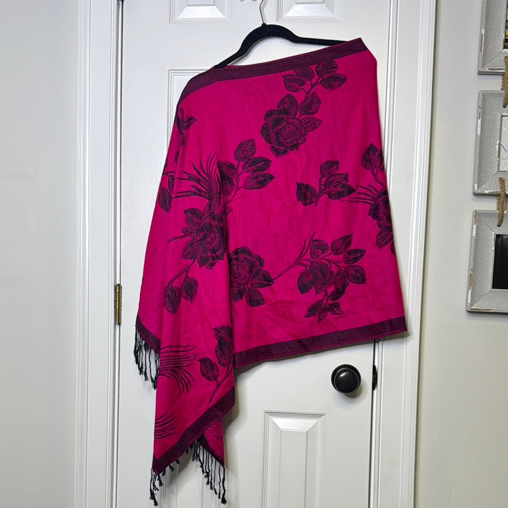 Vibrant Pink and Black Reversible Floral Wrap with Fringe